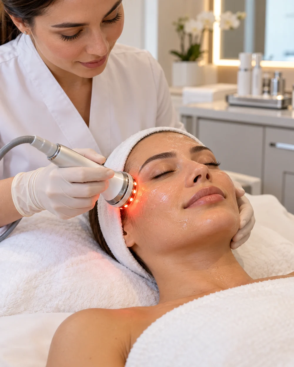 Aplicação facial de radiofrequência associada a LED em clínica estética
